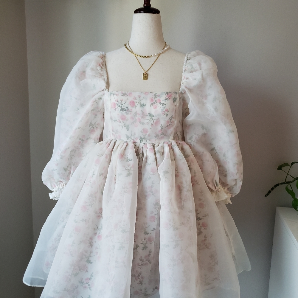 Reversible Floral Organza Babydoll Puff Dress - Picture 16 of 16